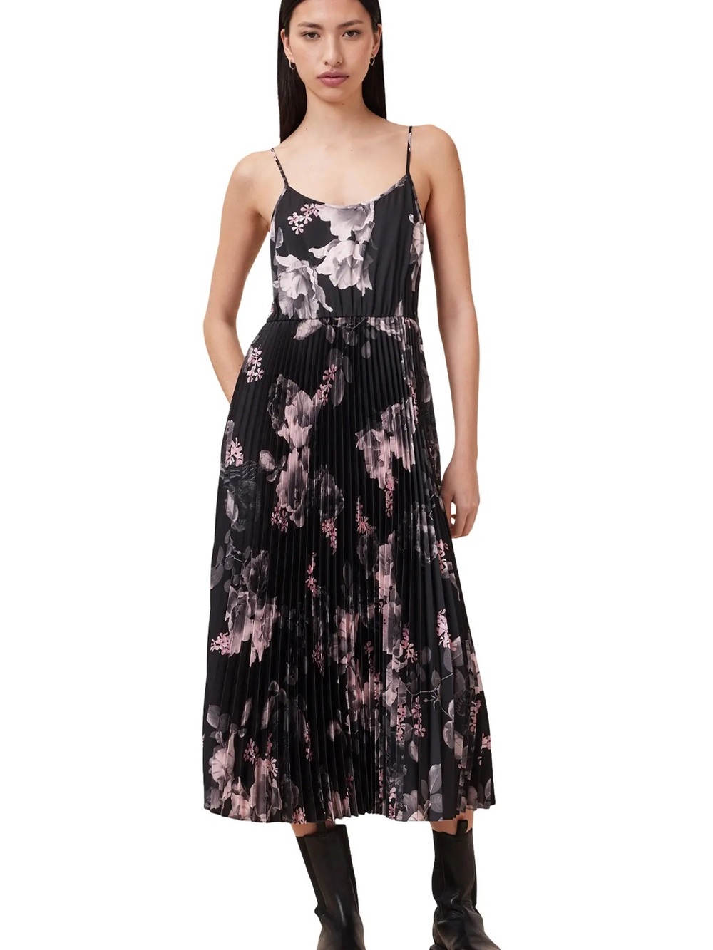 AllSaints Hera Crop Black Pleated Maxi dress NWOT
